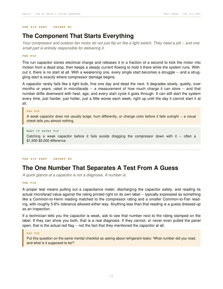 Page from The AC Hacks & Tricks Handbook showing the run-capacitor field note