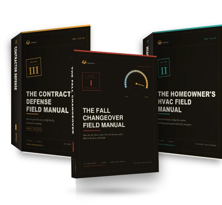 All three Exposi field dossiers: the Fall Changeover Field Manual, the Homeowner's HVAC Field Manual and the bundle-exclusive Contractor Defense Field Manual