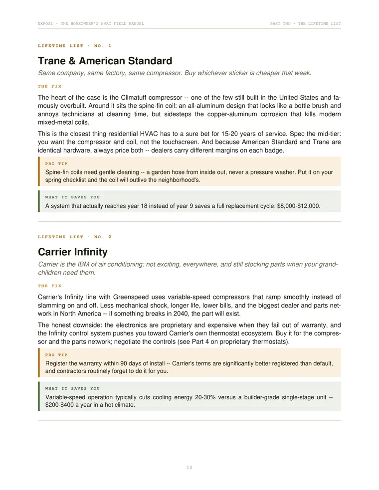 Page from The Homeowner's HVAC Field Manual showing the Lifetime List brand entries