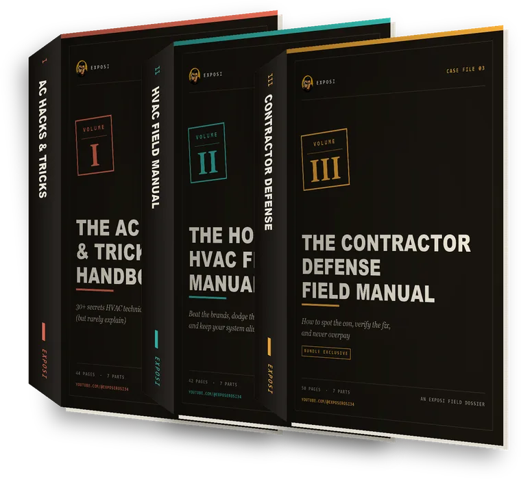 All three Exposi field dossiers: the AC Hacks & Tricks Handbook, the Homeowner's HVAC Field Manual and the bundle-exclusive Contractor Defense Field Manual